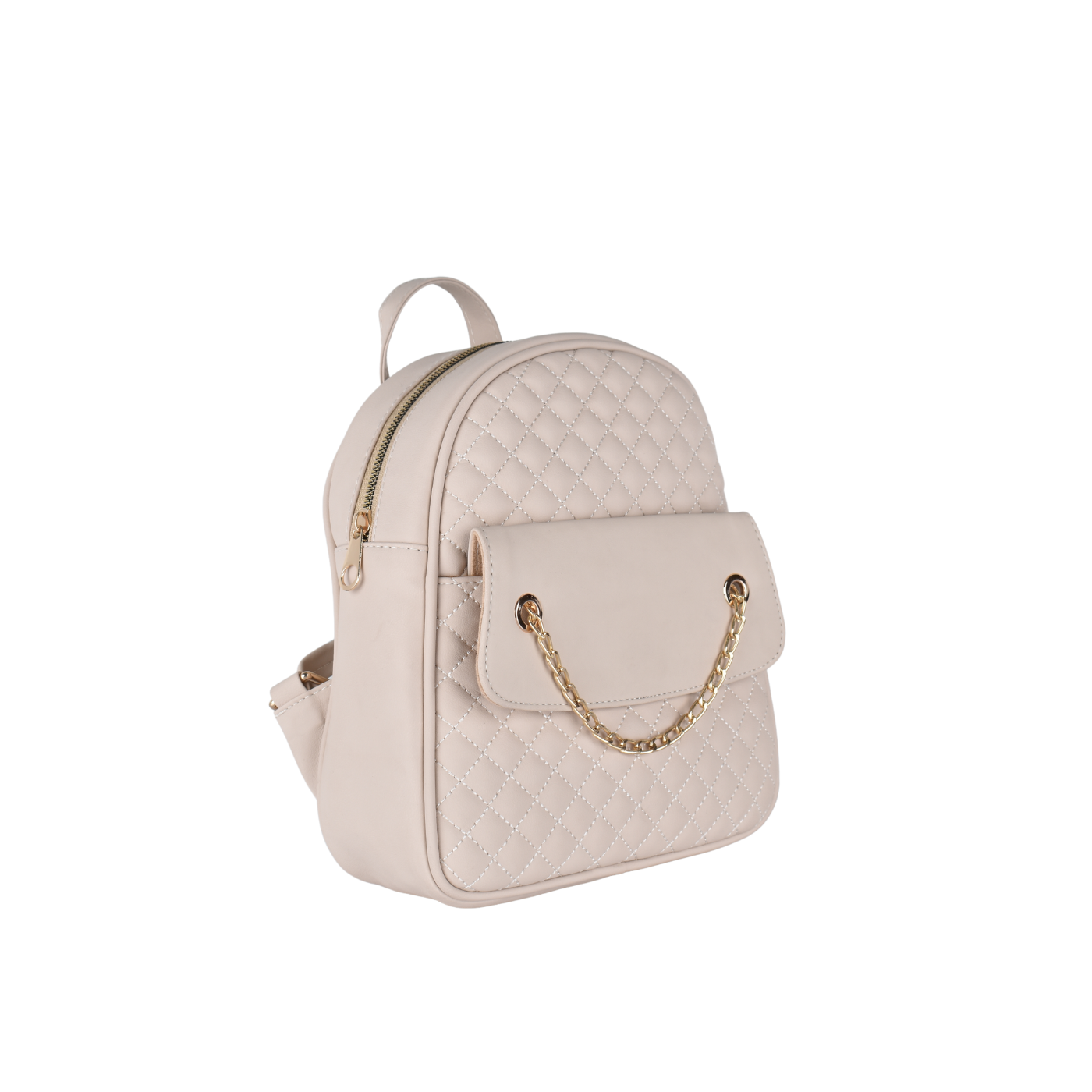 Beige Quilted Leather Backpack Bag With Chain Melouk