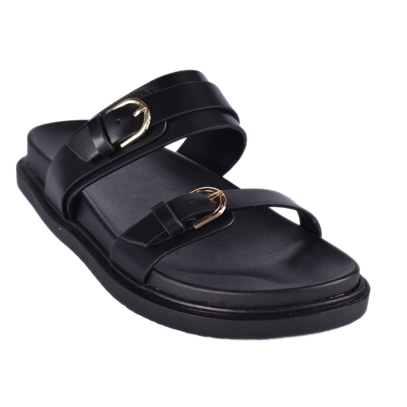 Straps Flat Slippers With Details Black Melouk