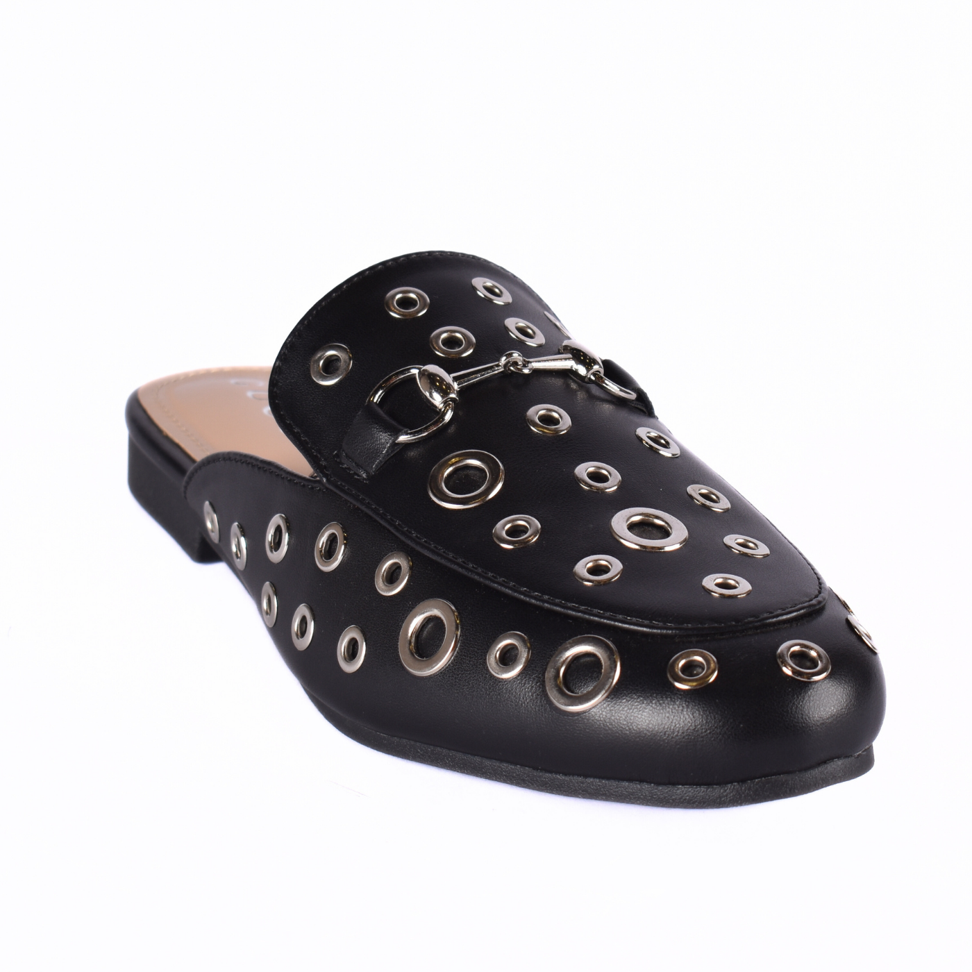 Trendy Slip-On Flats with Circular Buckle Accent Black Melouk