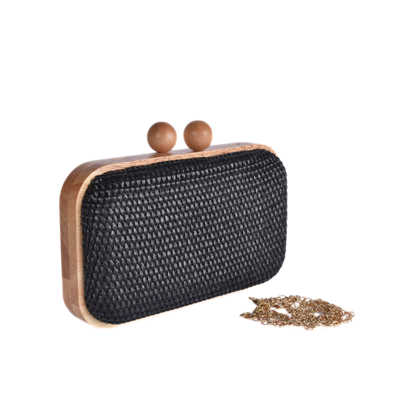 Woven Clutch with Wooden Frame and Round Clasp