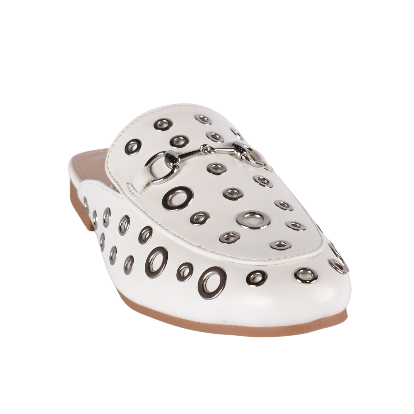 Trendy Slip-On Flats with Circular Buckle Accent White Melouk