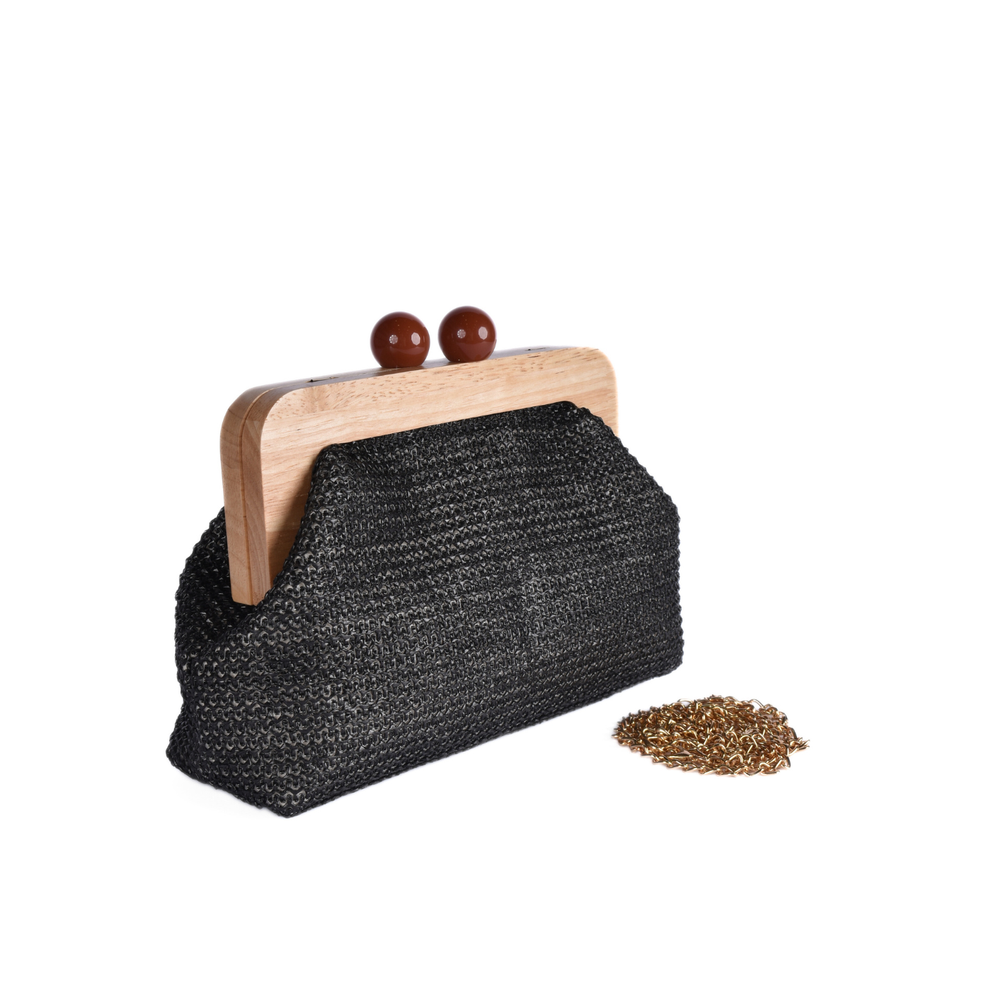 Woven Clutch With Wooden Frame and Ball Clasp Black Melouk
