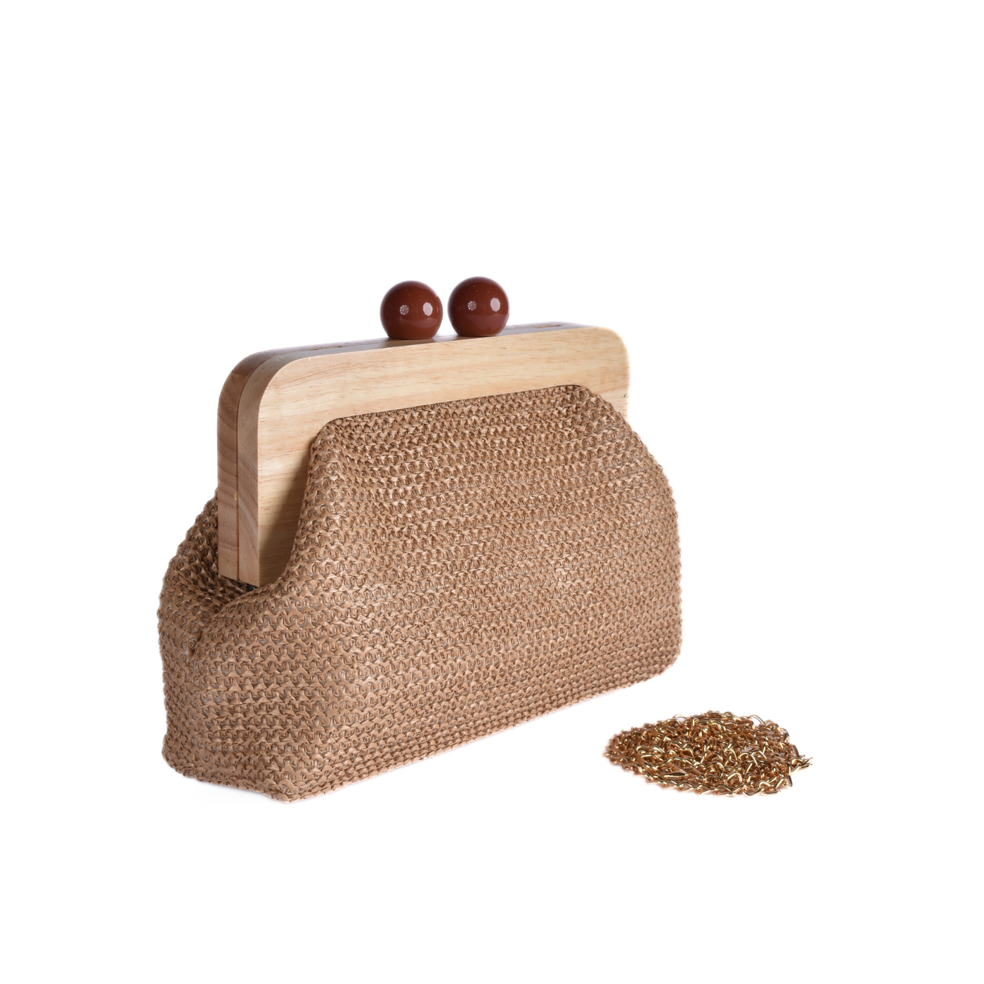 Woven Clutch With Wooden Frame and Ball Clasp Coffee Melouk