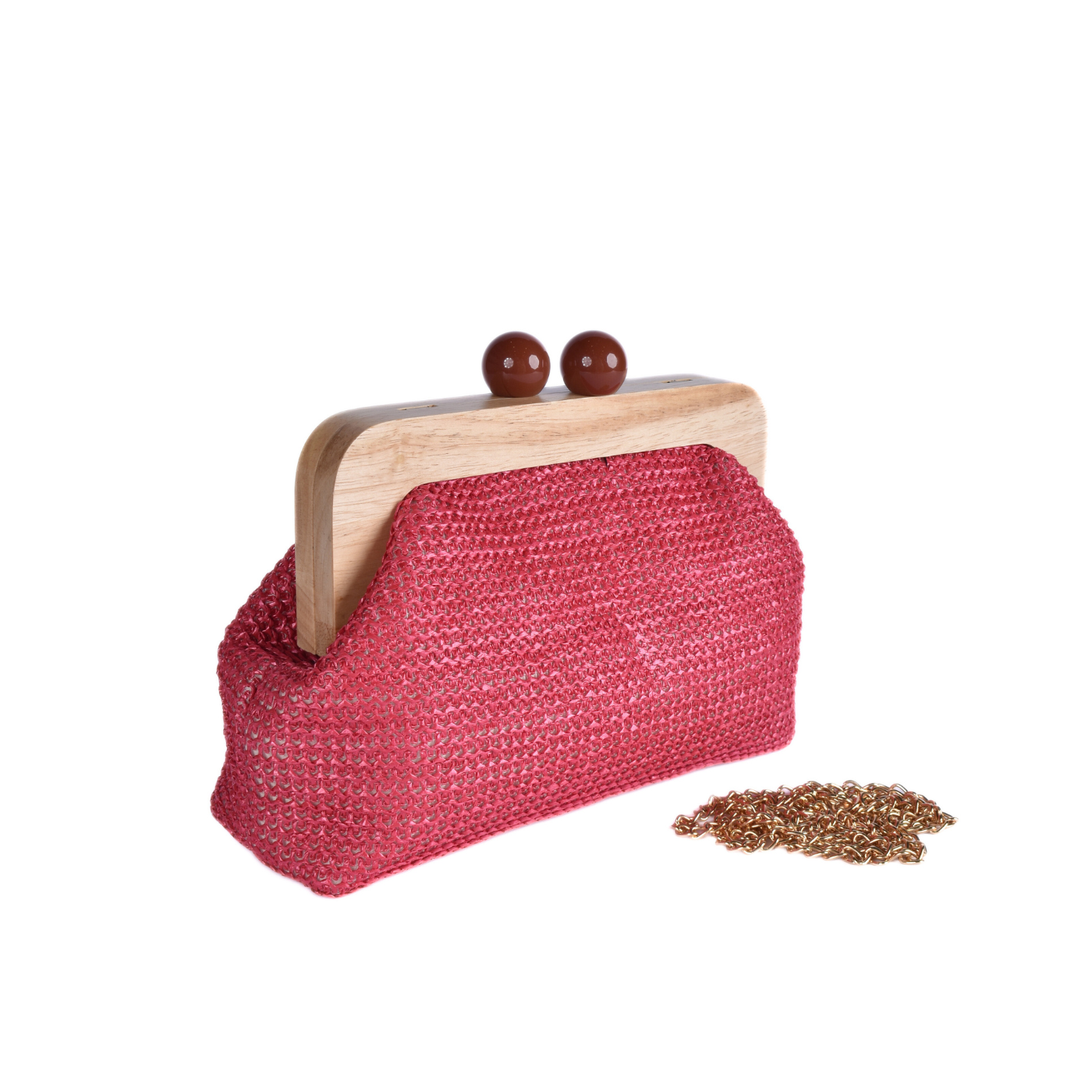 Woven Clutch With Wooden Frame and Ball Clasp Fuchsia Melouk