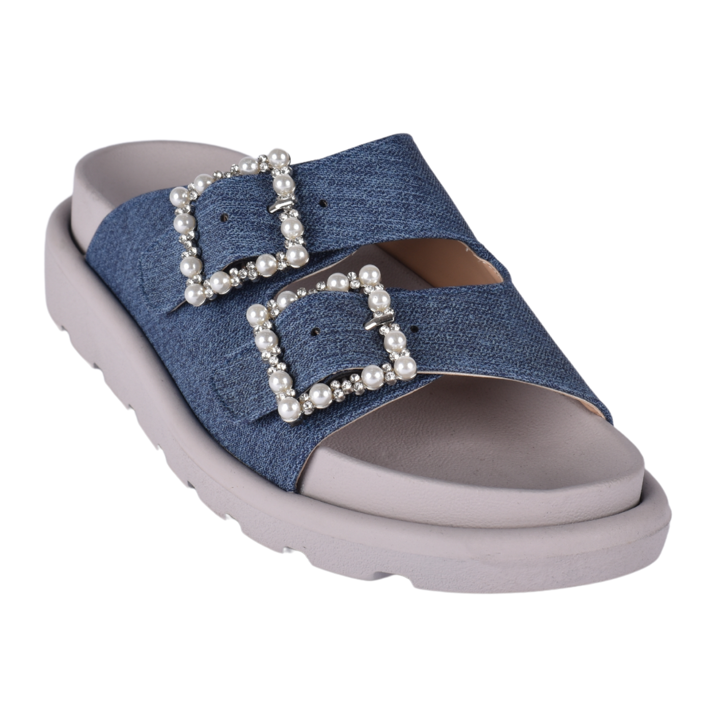 Slipper with Studs Straps Flat Navy Melouk