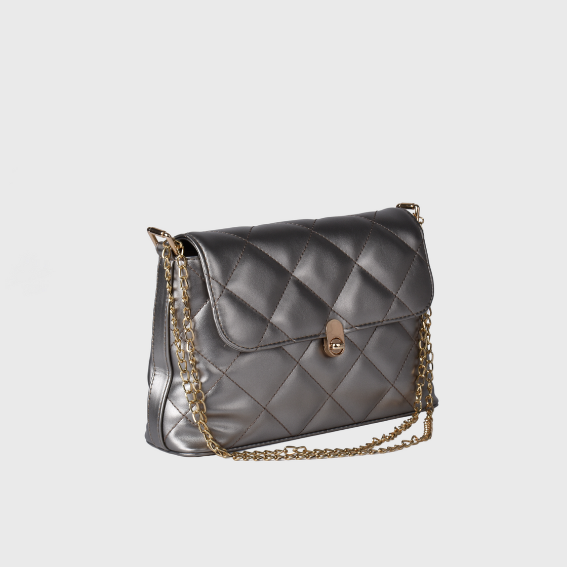 Gray Embossed Leather Shoulder Bag with Details