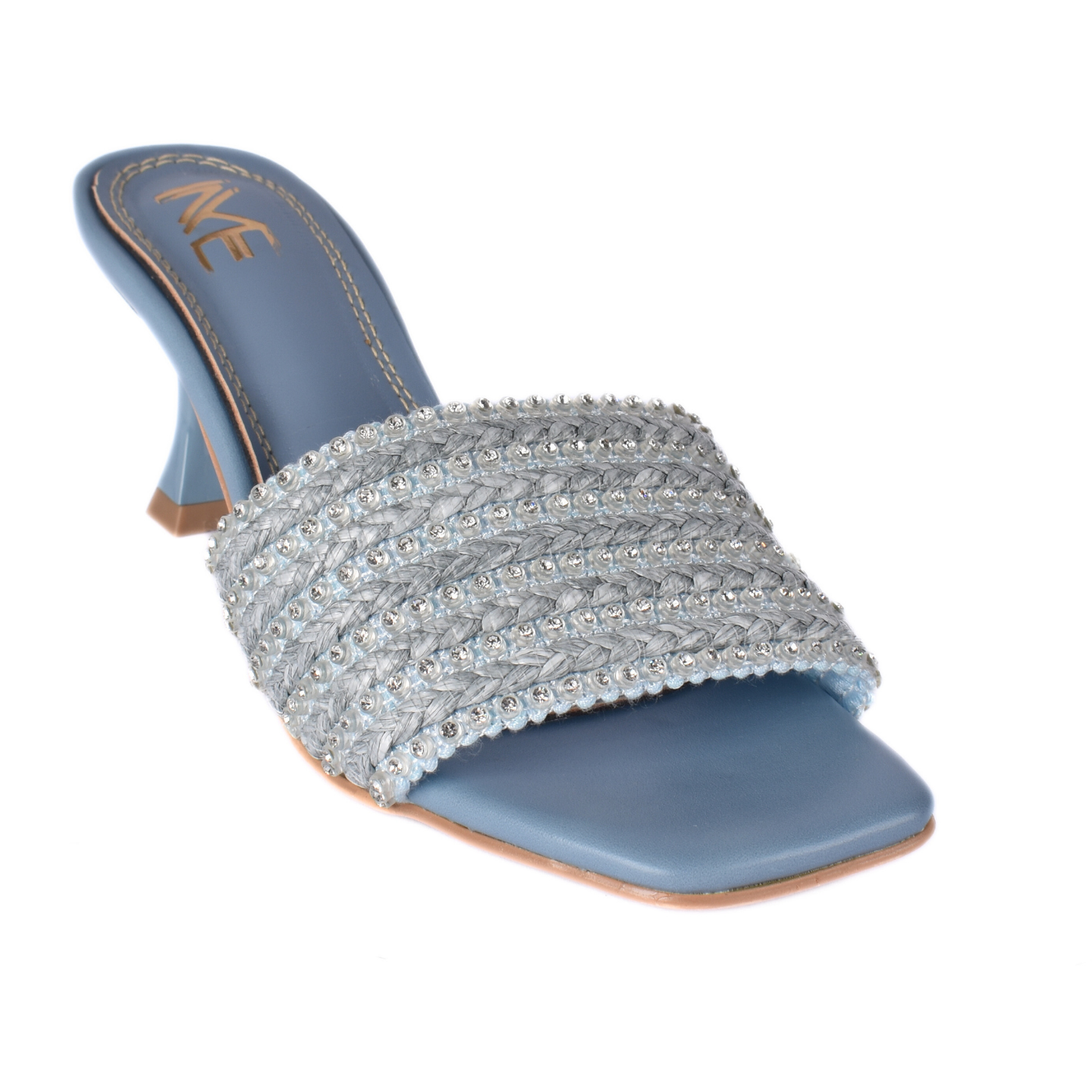 Studded Oval Heeled Mules Light Blue Melouk
