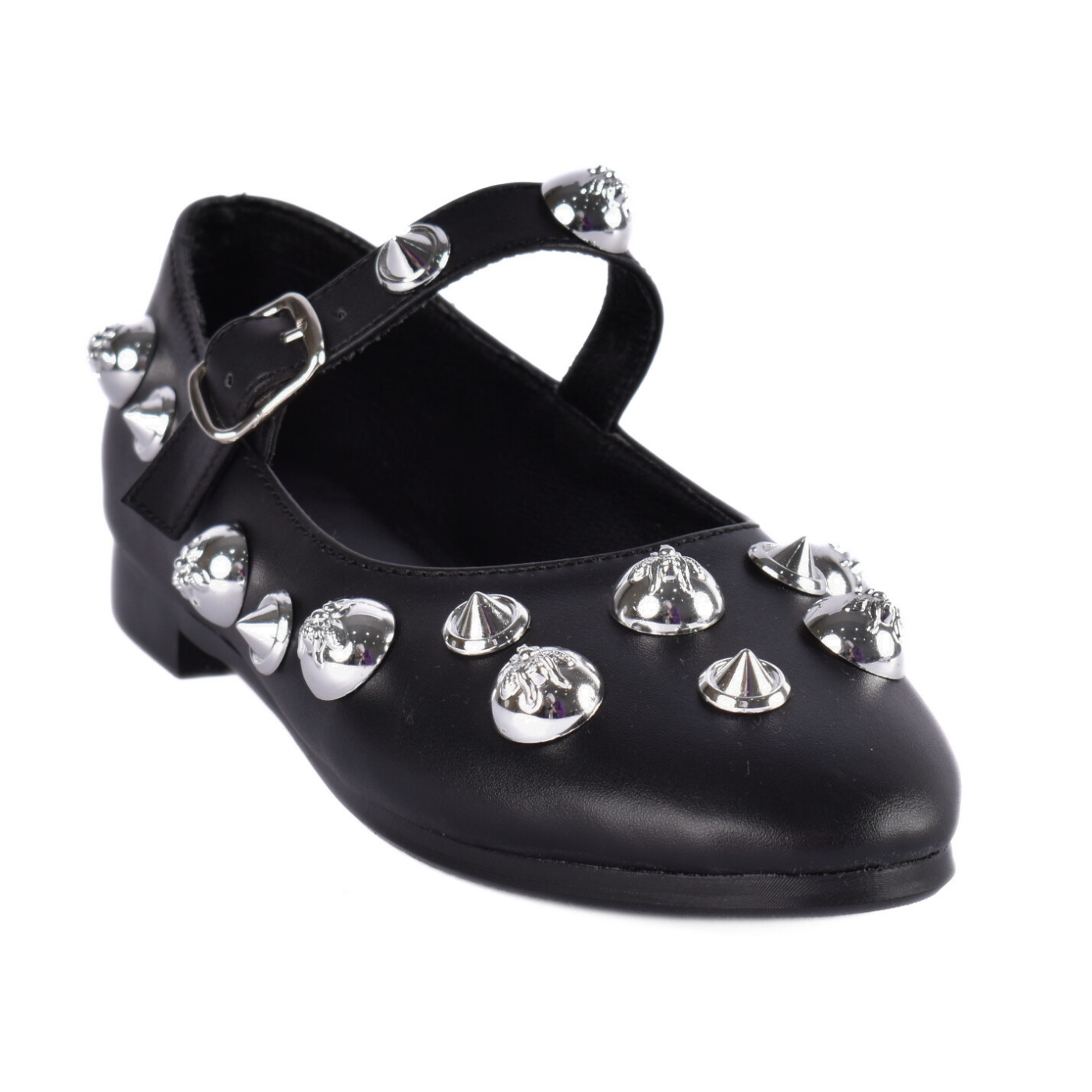 Studded Throat Slip On Leather Flats Black Melouk