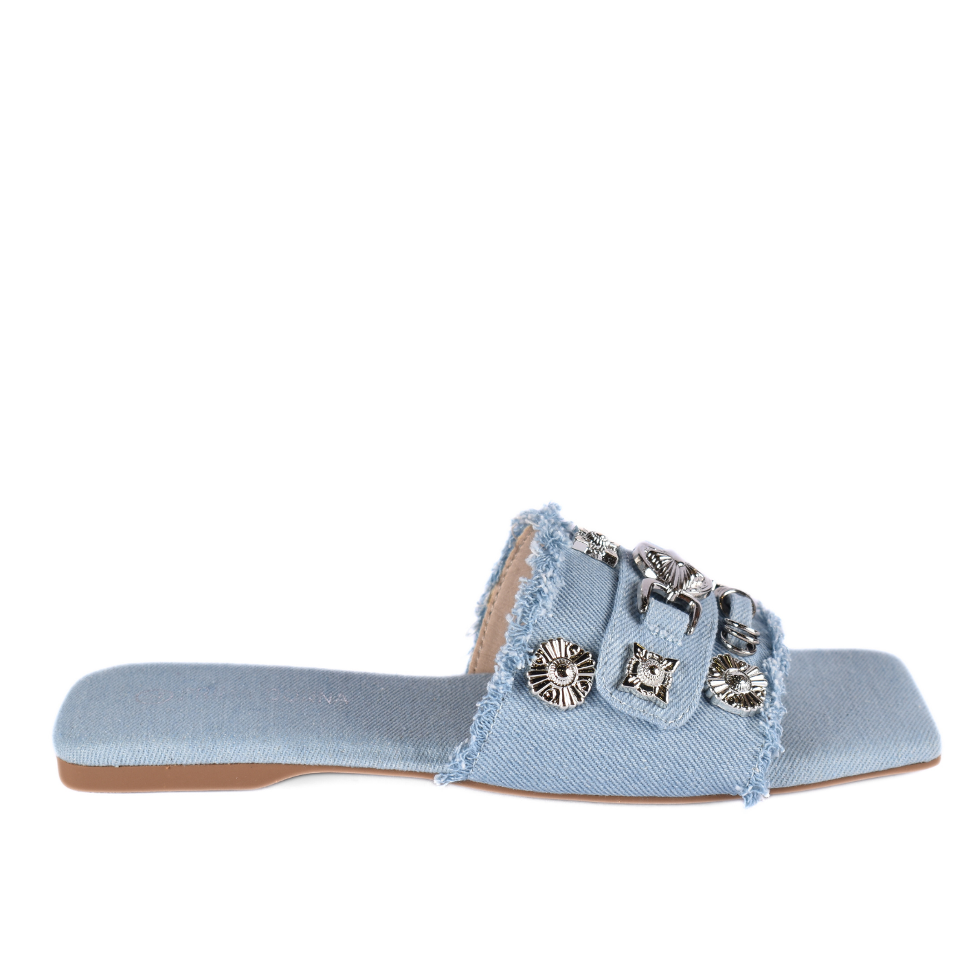 Squared Toepost Slip On Studded Light Vintage Denim Slippers