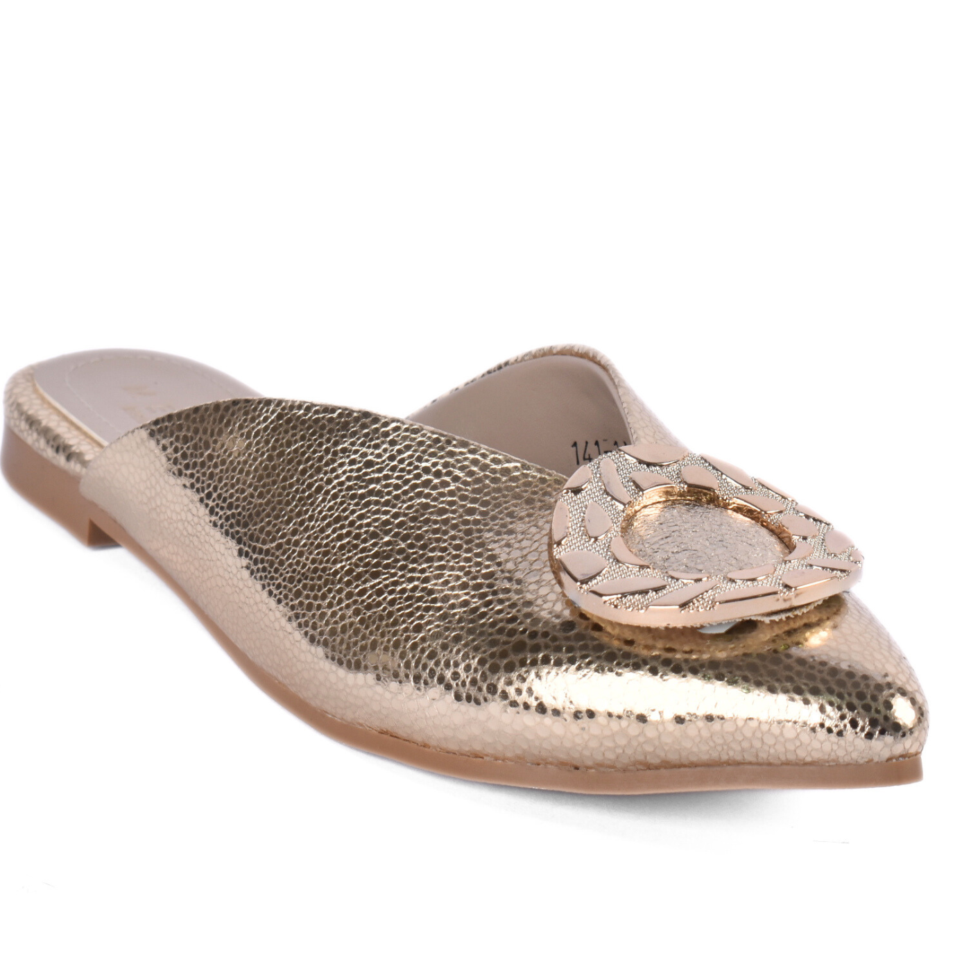Elegant Pointed-Toe Mule With Gold Buckle Accent Gold Melouk