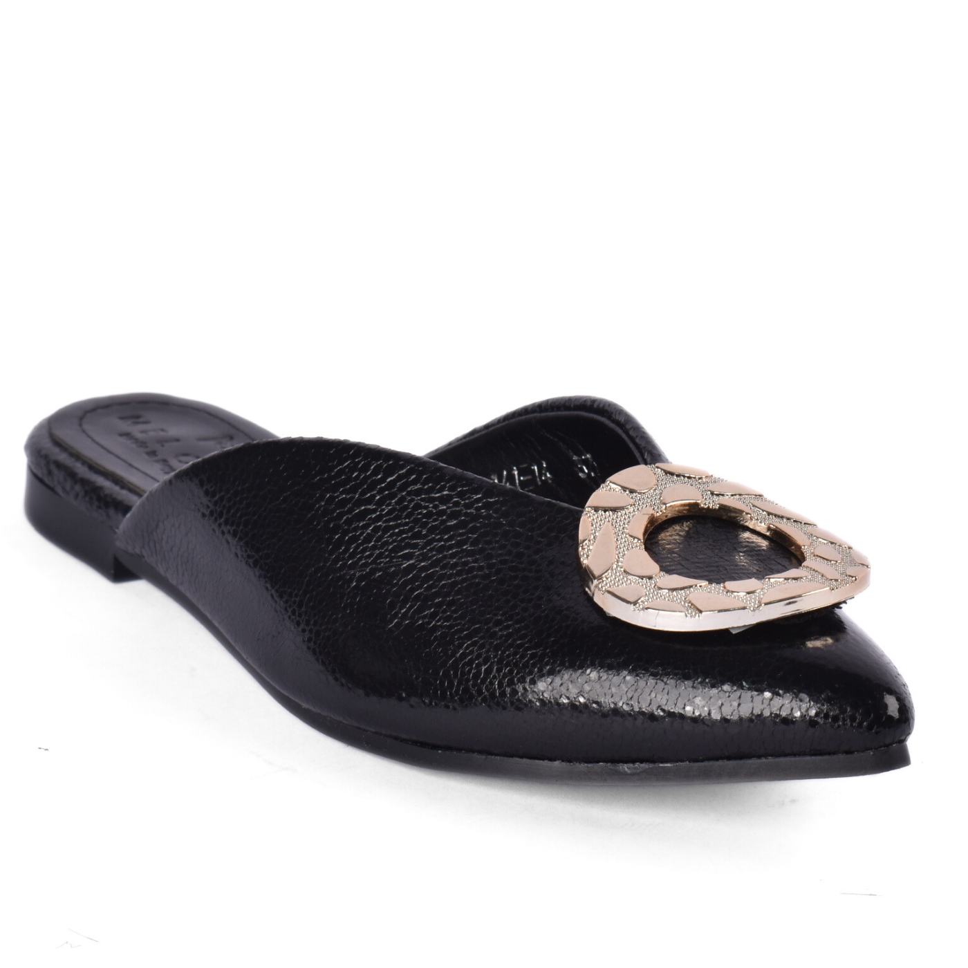 Elegant Pointed-Toe Mule With Gold Buckle Accent Black Melouk