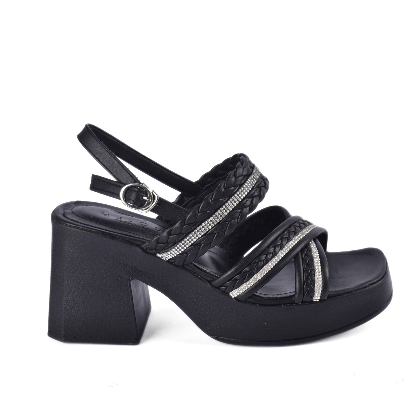Braided Block Heel Sandals with Crystal Straps Melouk