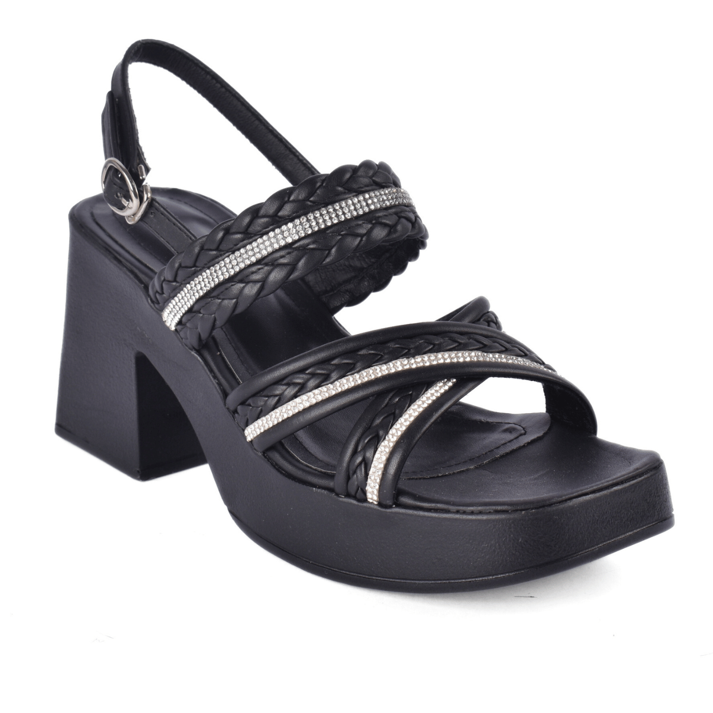 Braided Block Heel Sandals with Crystal Straps Black Melouk
