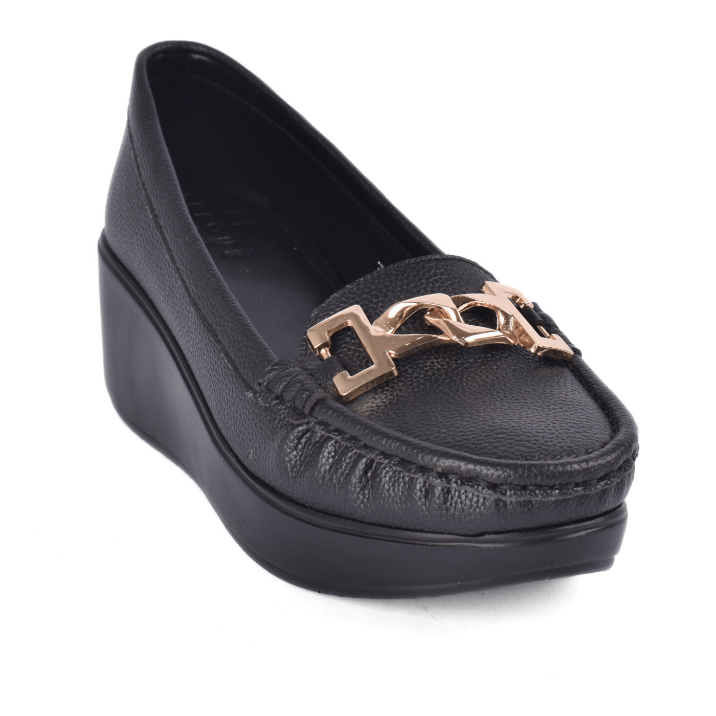 Comfort Leather Loafers with Gold Chain Black Melouk