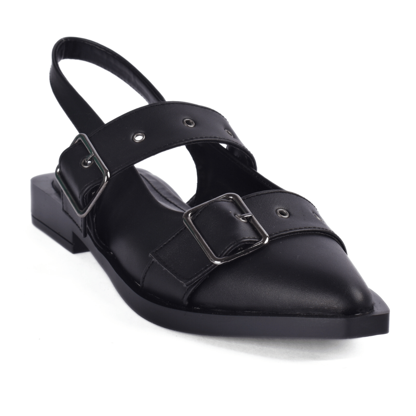 Edgy Buckled Pointed Toe Sandals Black Melouk
