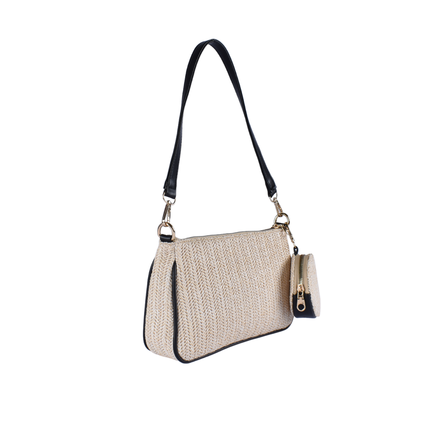 Straw Shoulder Bag With Pu Leather Details Black