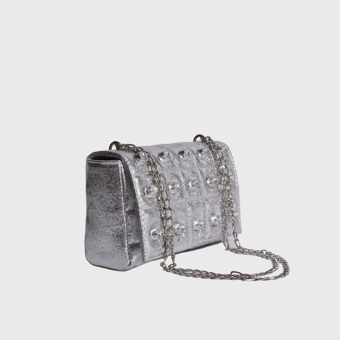 Quilted Silver Shoulder Bag With Studs