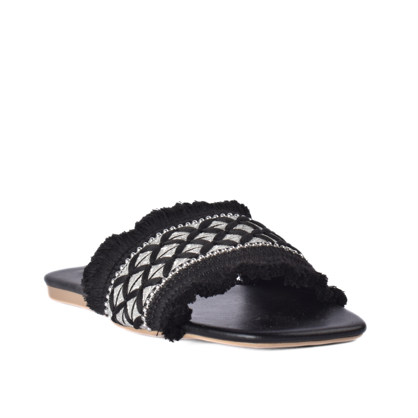 Elegant Beaded Fringe Slides Black