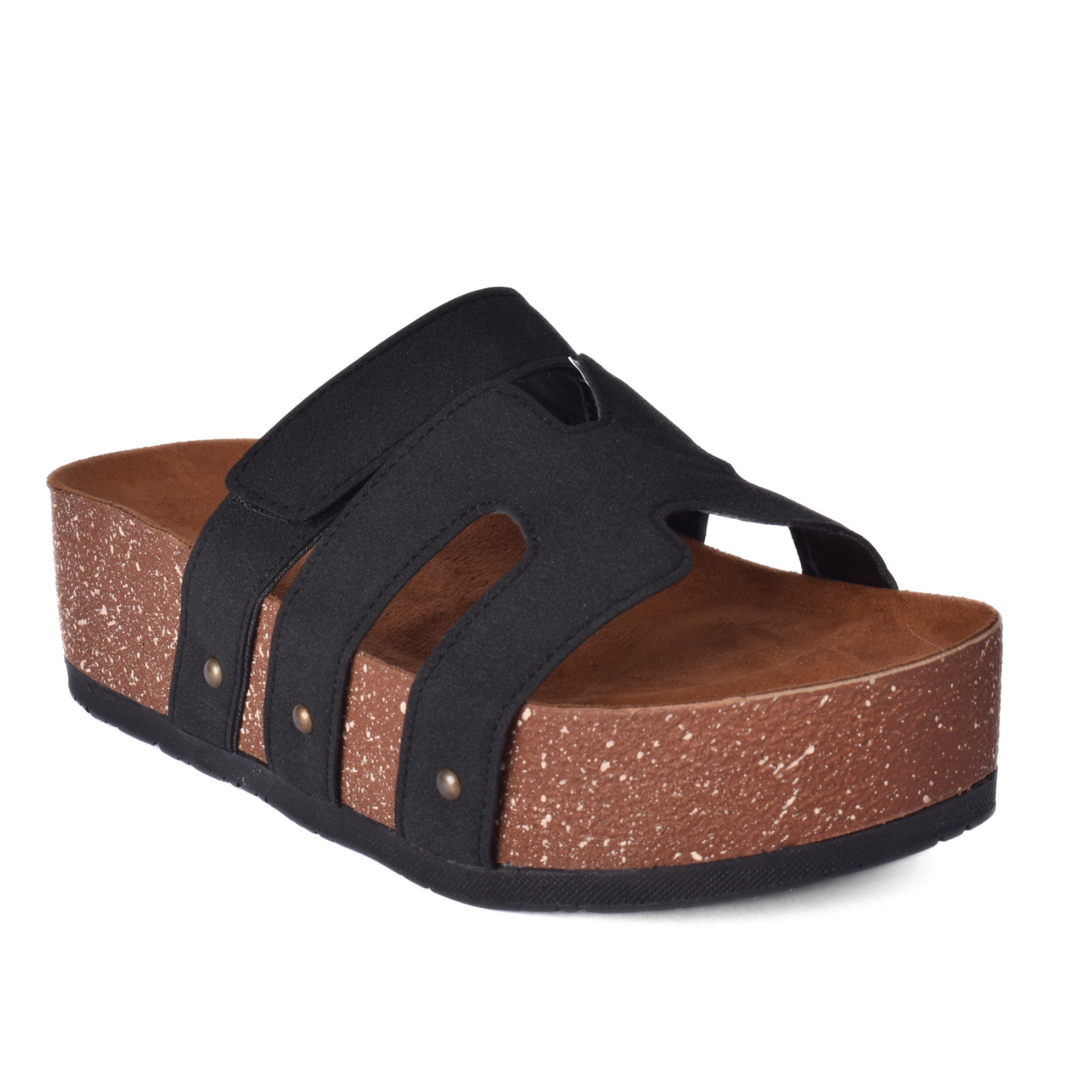 Comfort Cork Sole Triple Strap Slippers Black