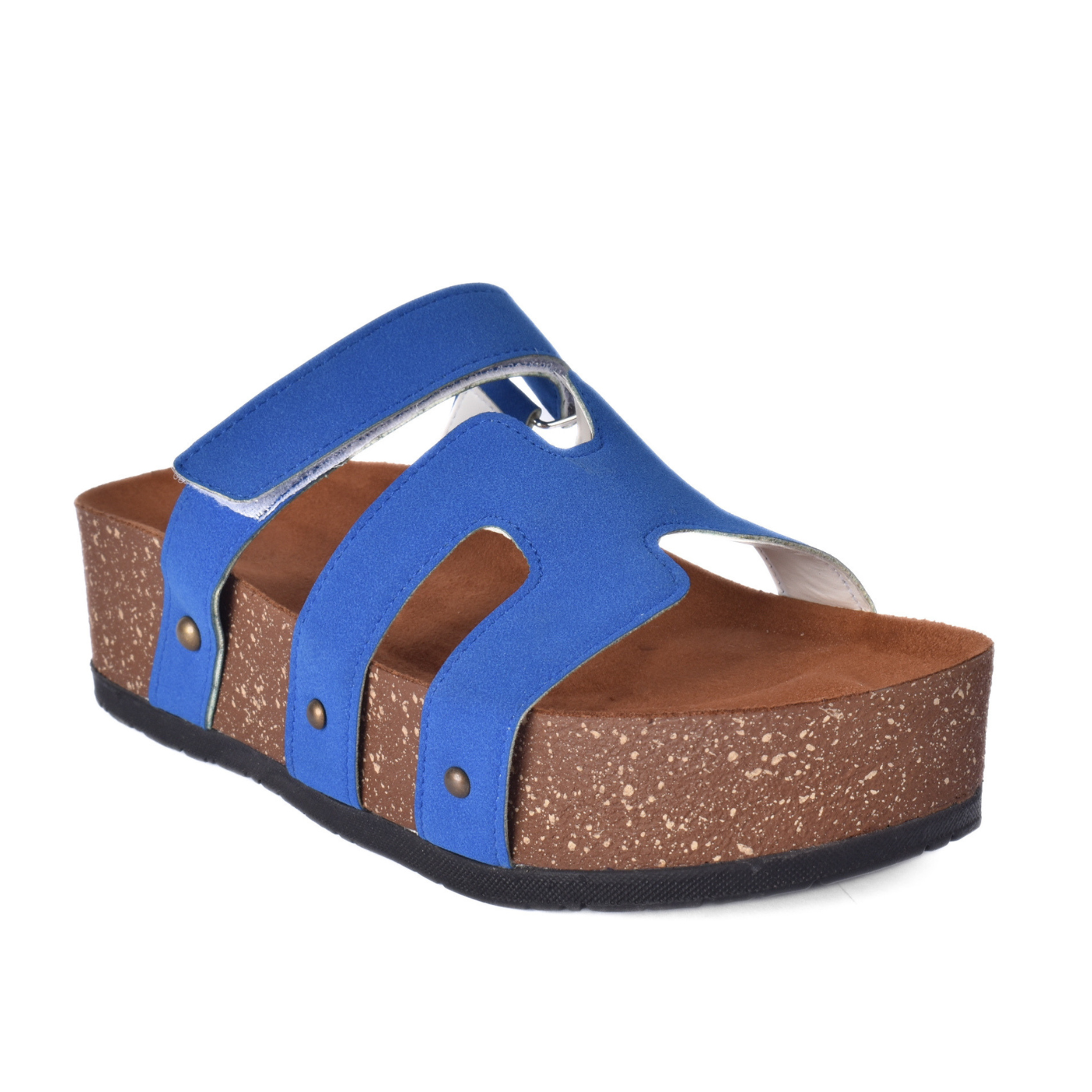 Comfort Cork Sole Triple Strap Slippers Blue