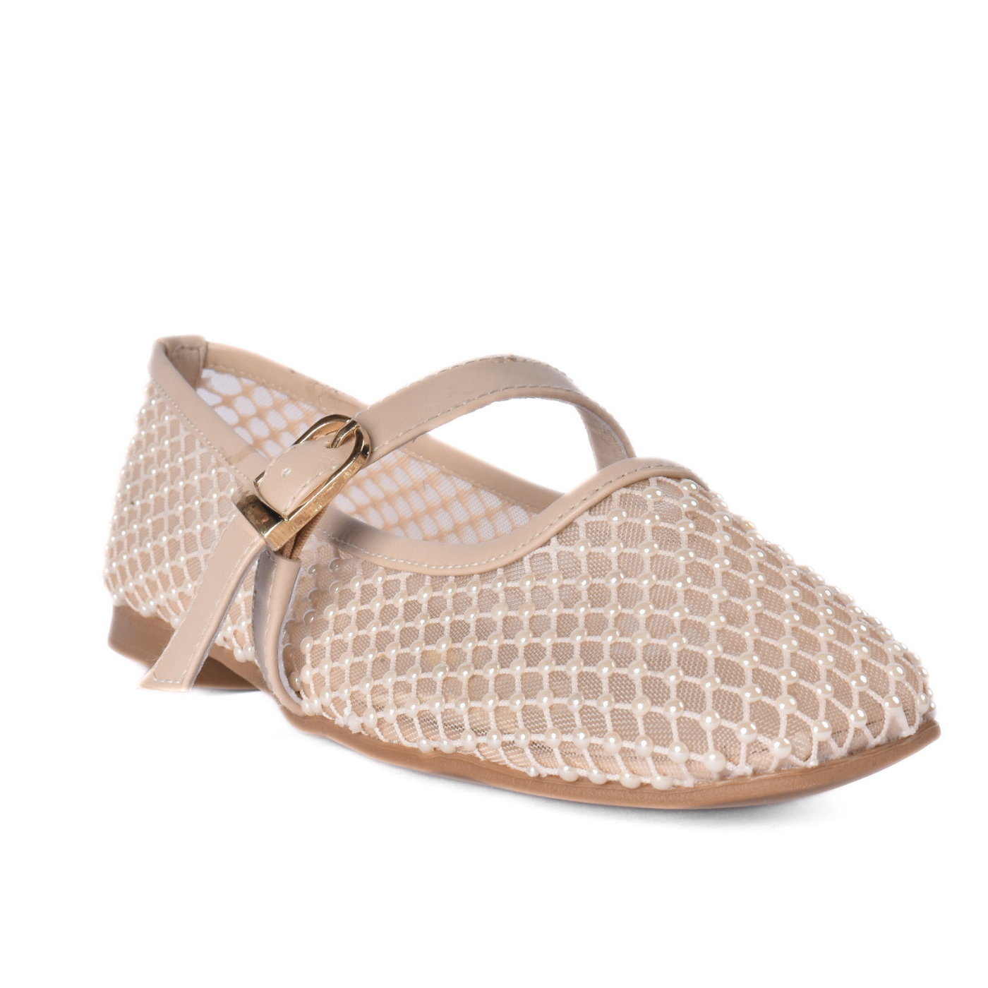 Girls Elegant Strap Flat Shoes Beige