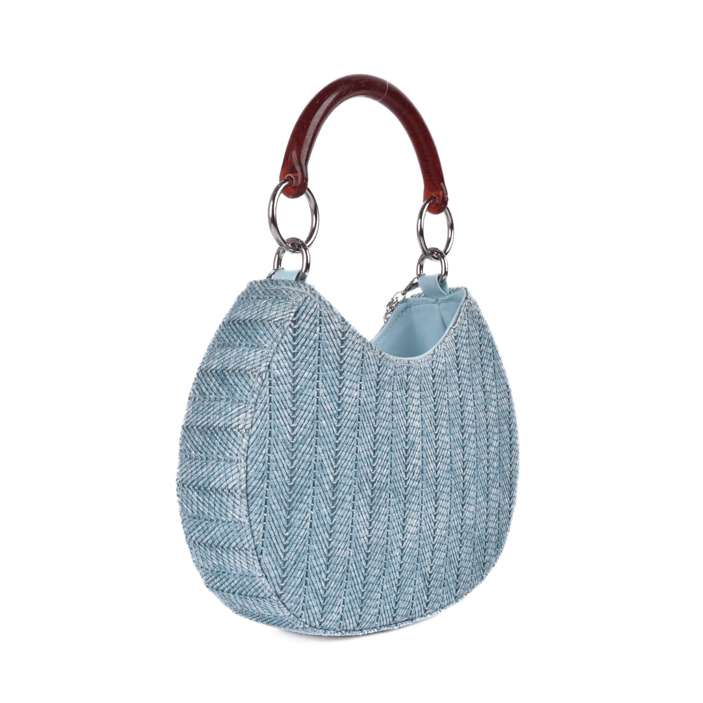 Textured Blue Hobo Bag with Wooden Handle Melouk