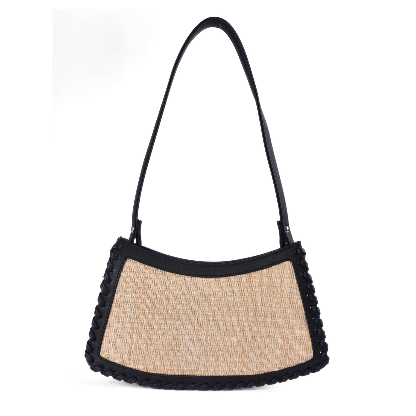 Woven Straw Shoulder Bag with Leather Trim Black Melouk
