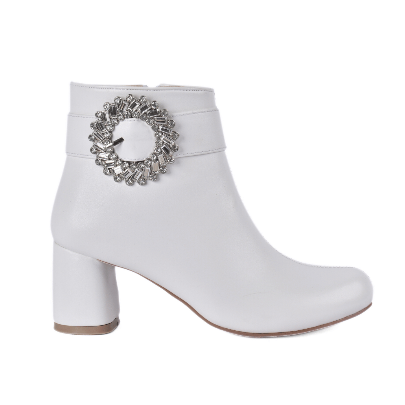 Block Heel with Crystal Detail White