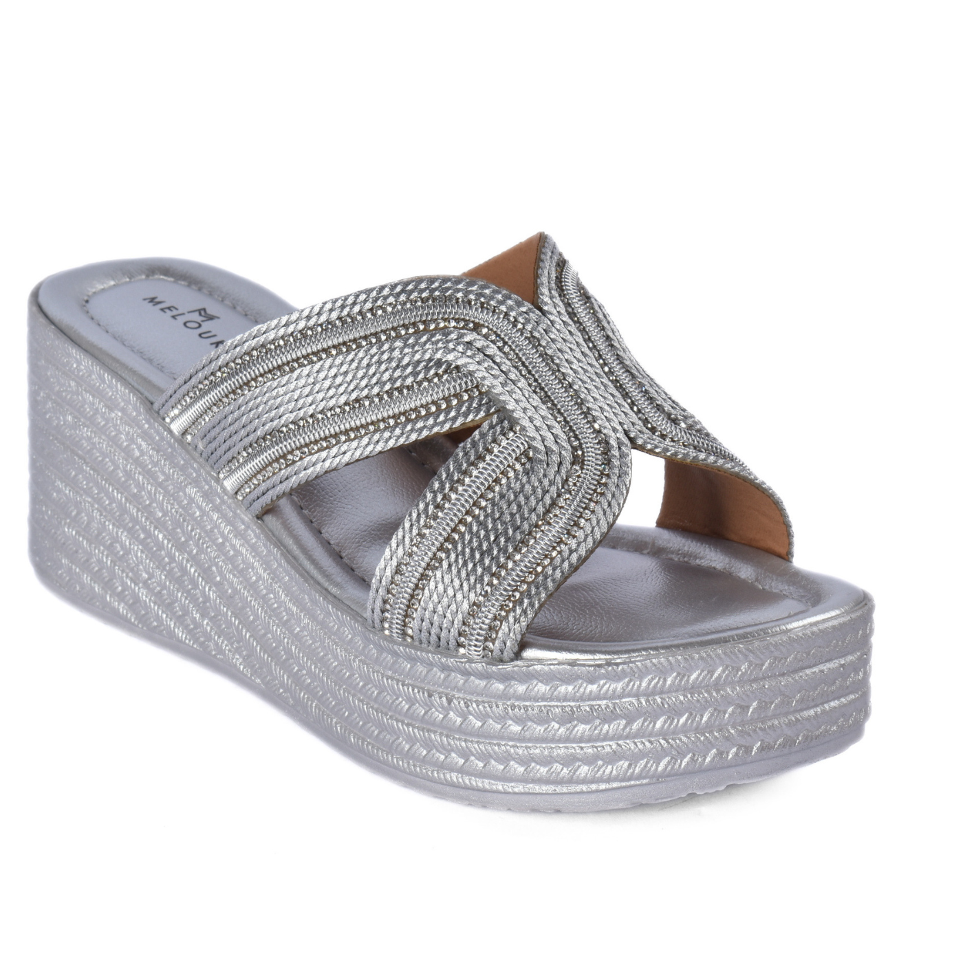 Women's Metallic Cross Strap Wedge Slipper Silver