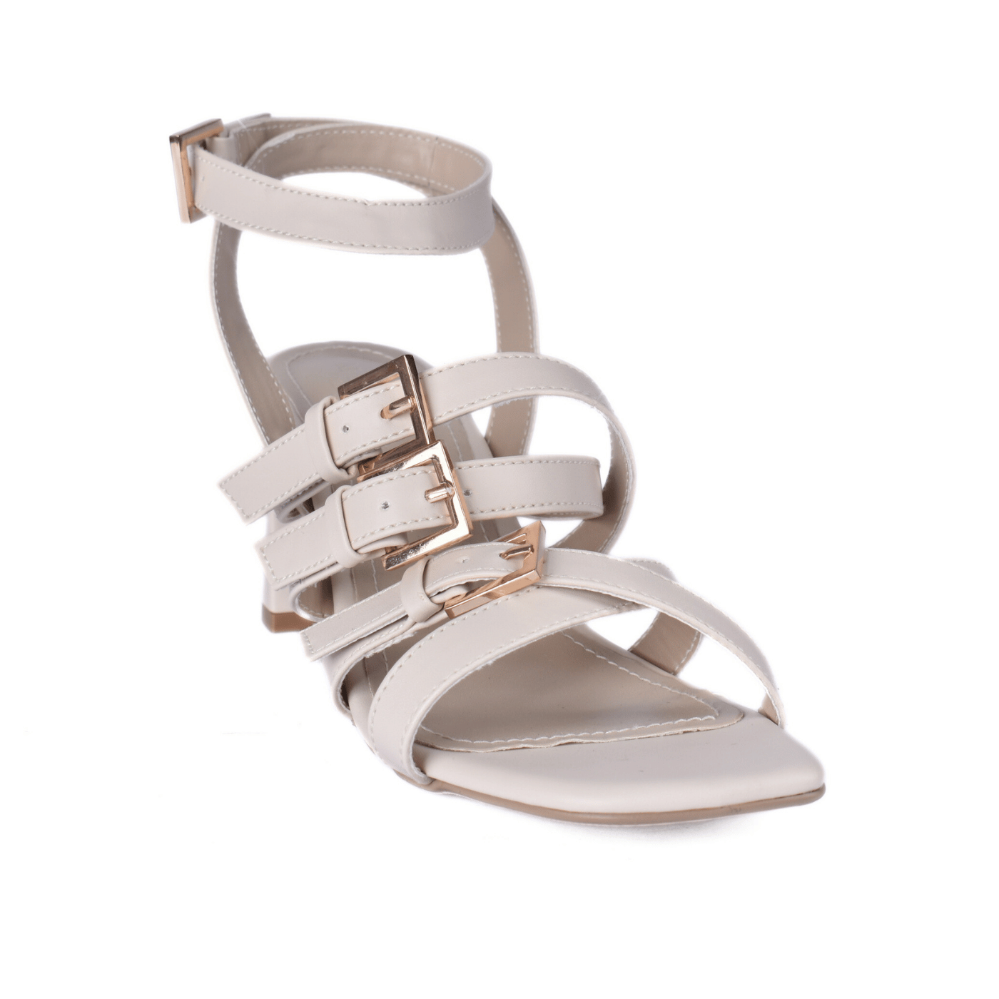 Strappy Block Heel Sandals with Ankle Wrap Beige Melouk