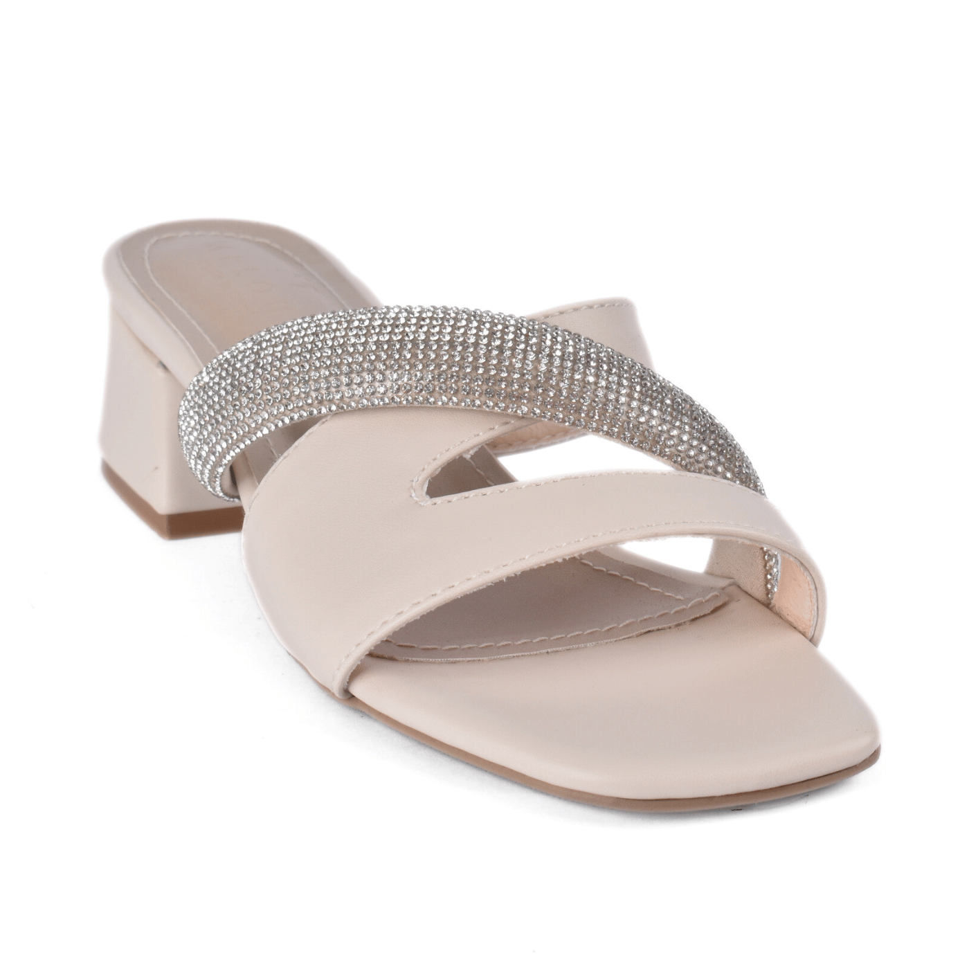 Block Heel Sandal with Rhinestone Strap Beige Melouk
