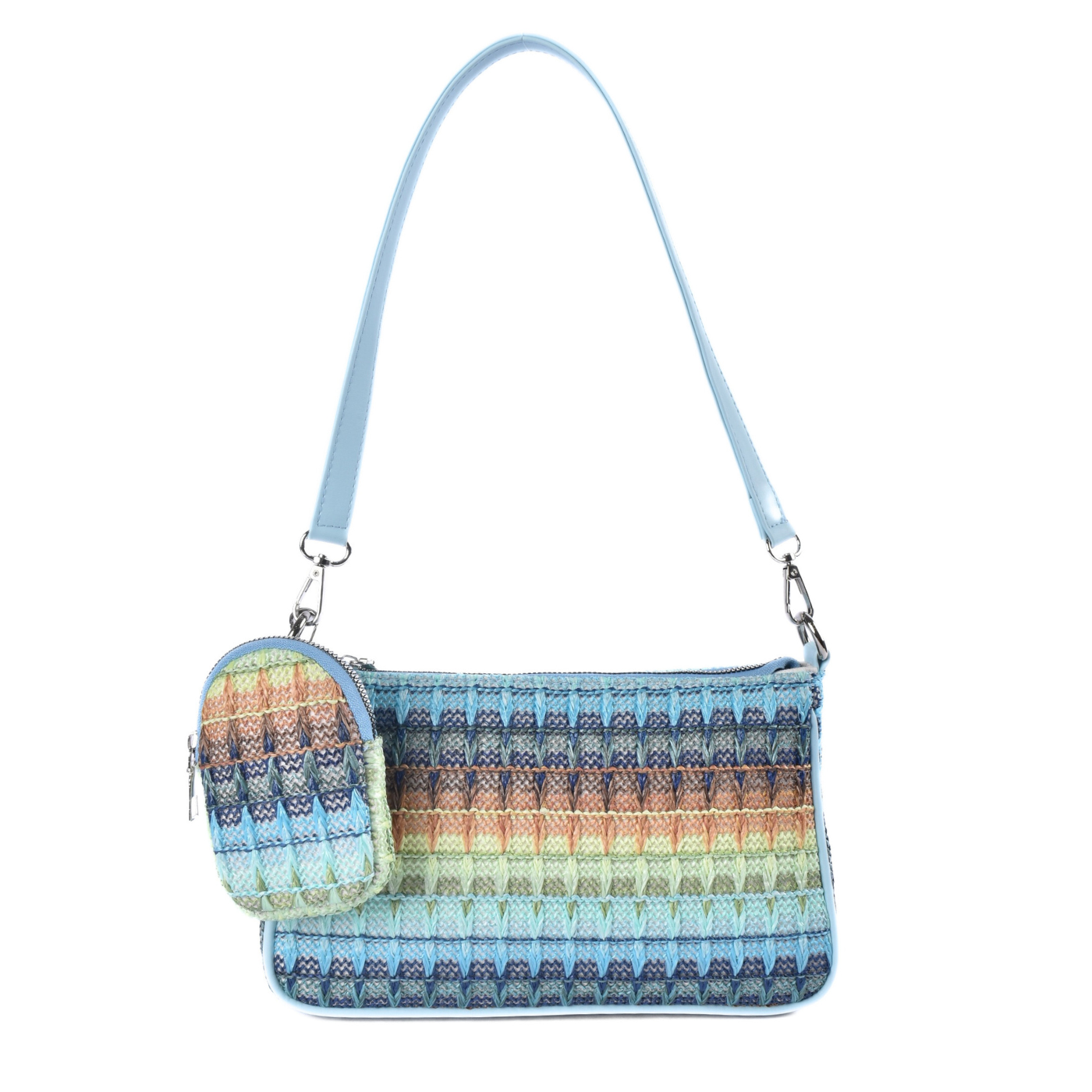 Colorful Woven Shoulder Bag With Mini Pouch Light Blue Melouk