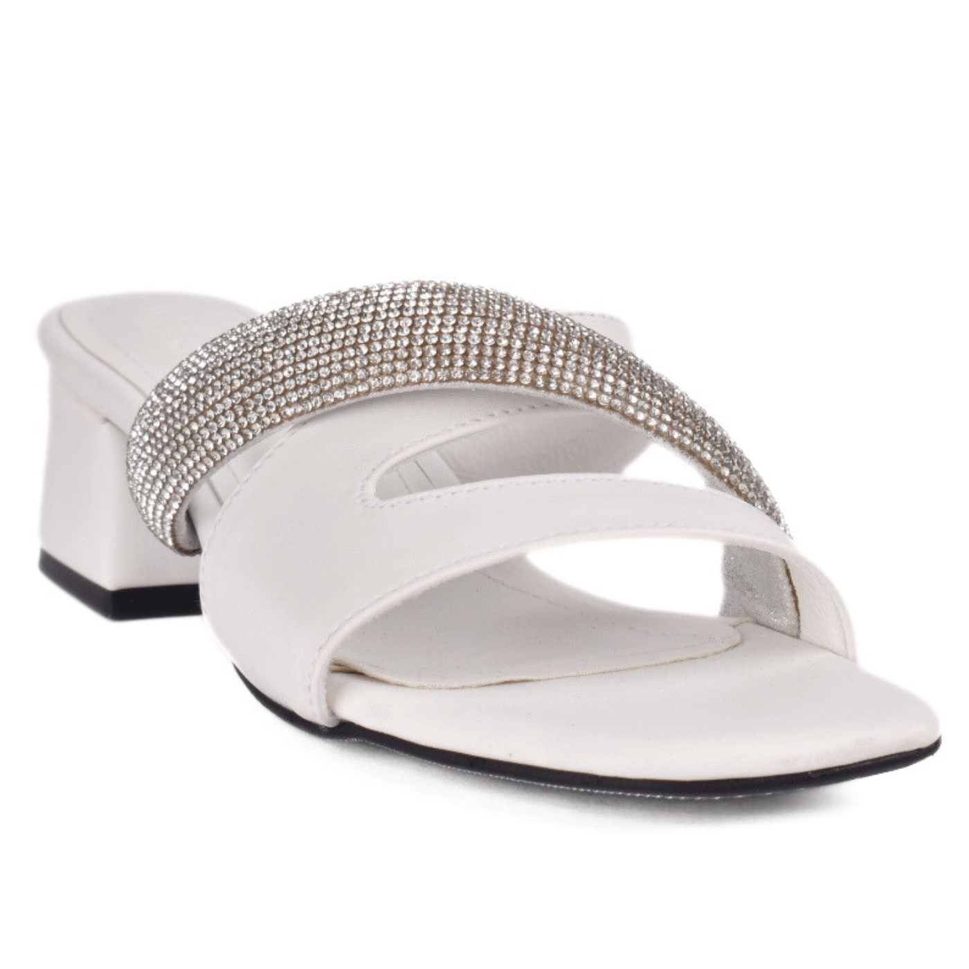 Block Heel Sandal with Rhinestone Strap White Melouk