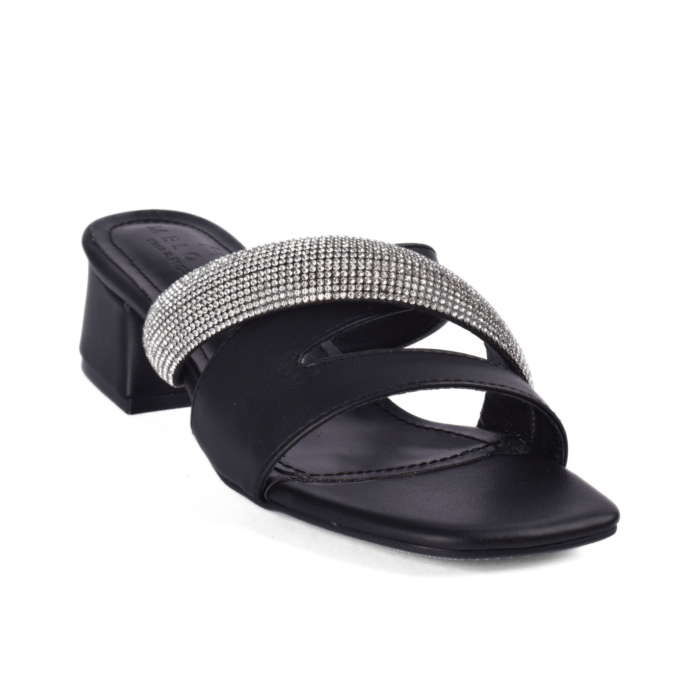 Block Heel Sandal with Rhinestone Strap Black Melouk