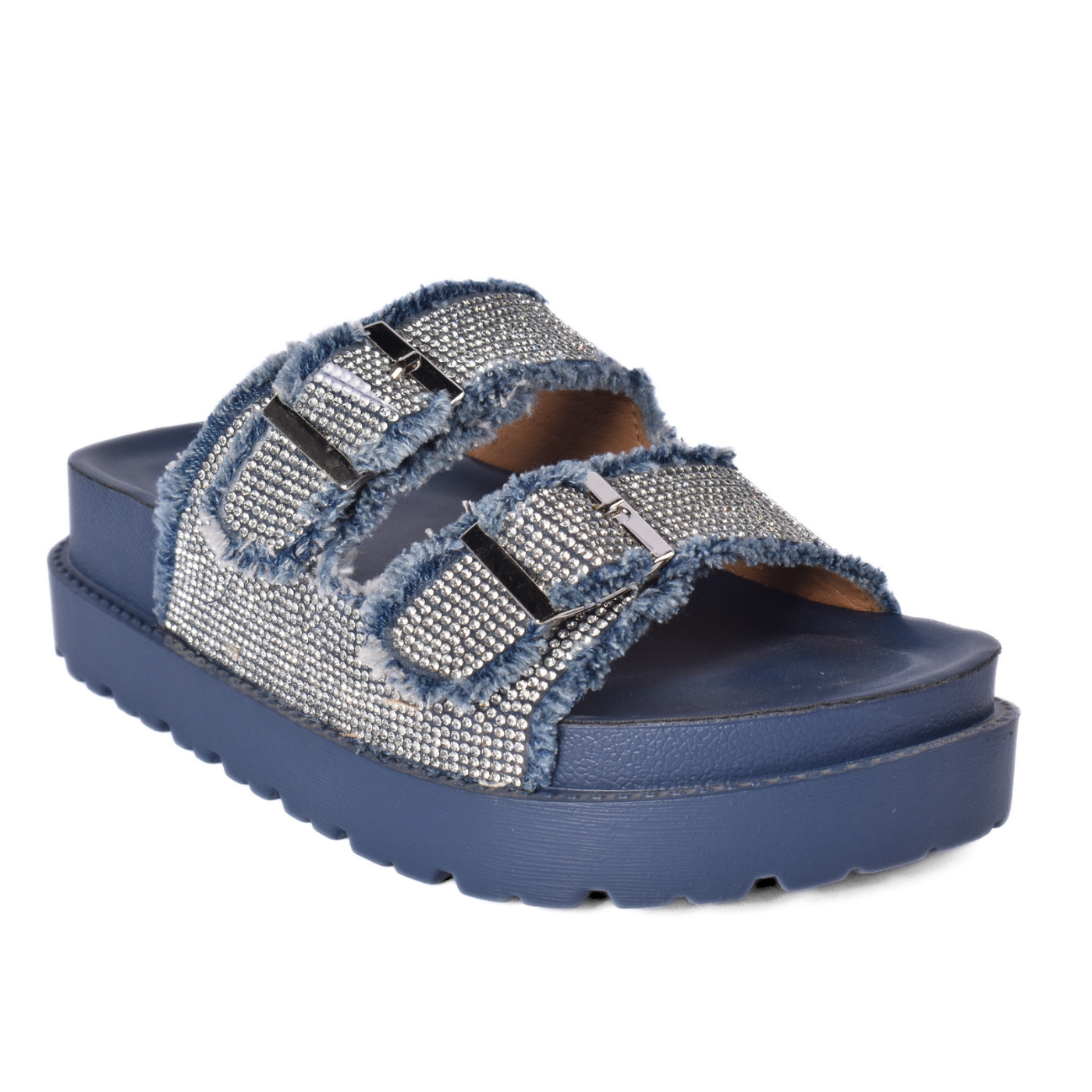 Women’s Studded Slide Sandal Double Buckle Design Blue