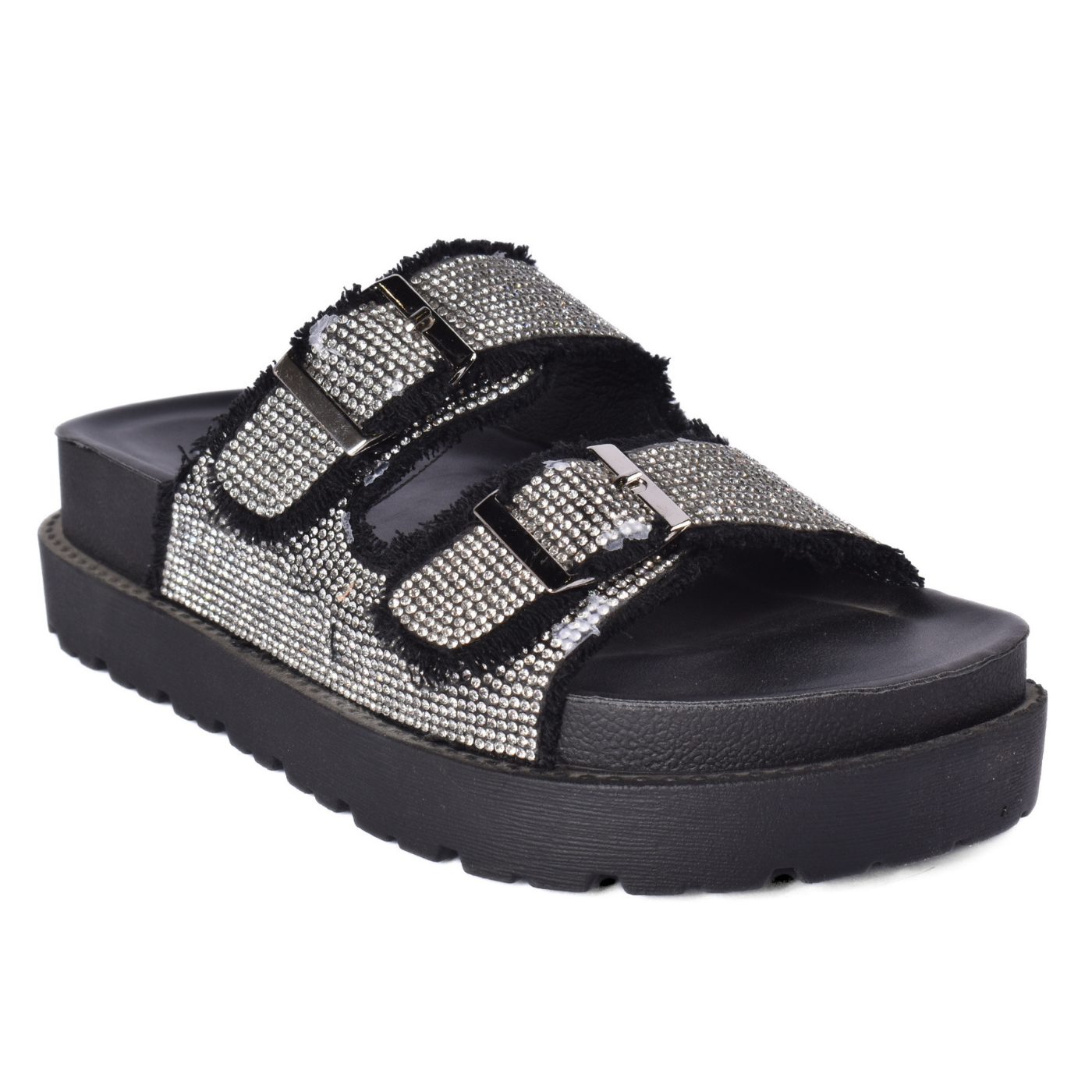 Women’s Studded Slide Sandal Double Buckle Design Black