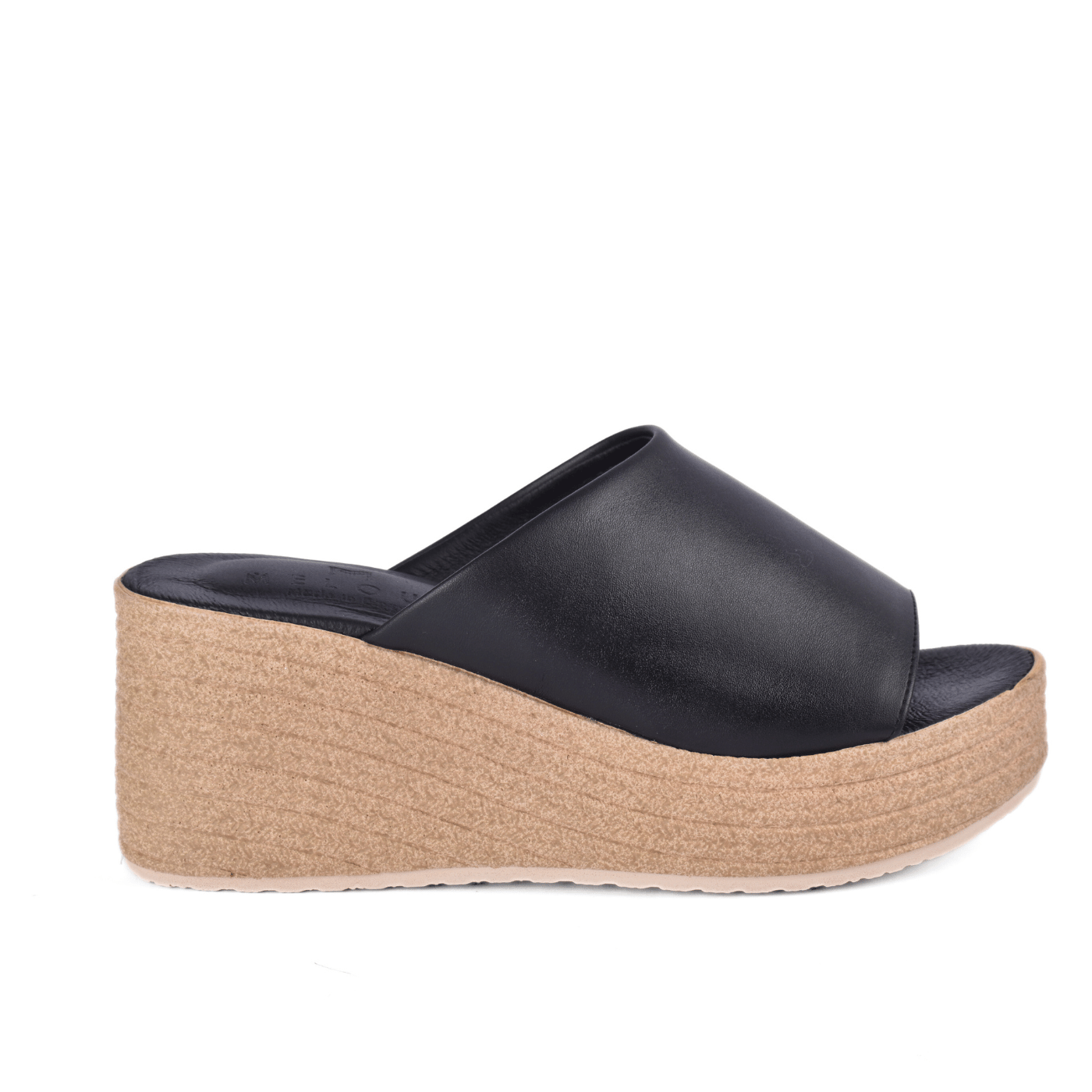 Trendy Black Leather Look Wedge Mules Melouk