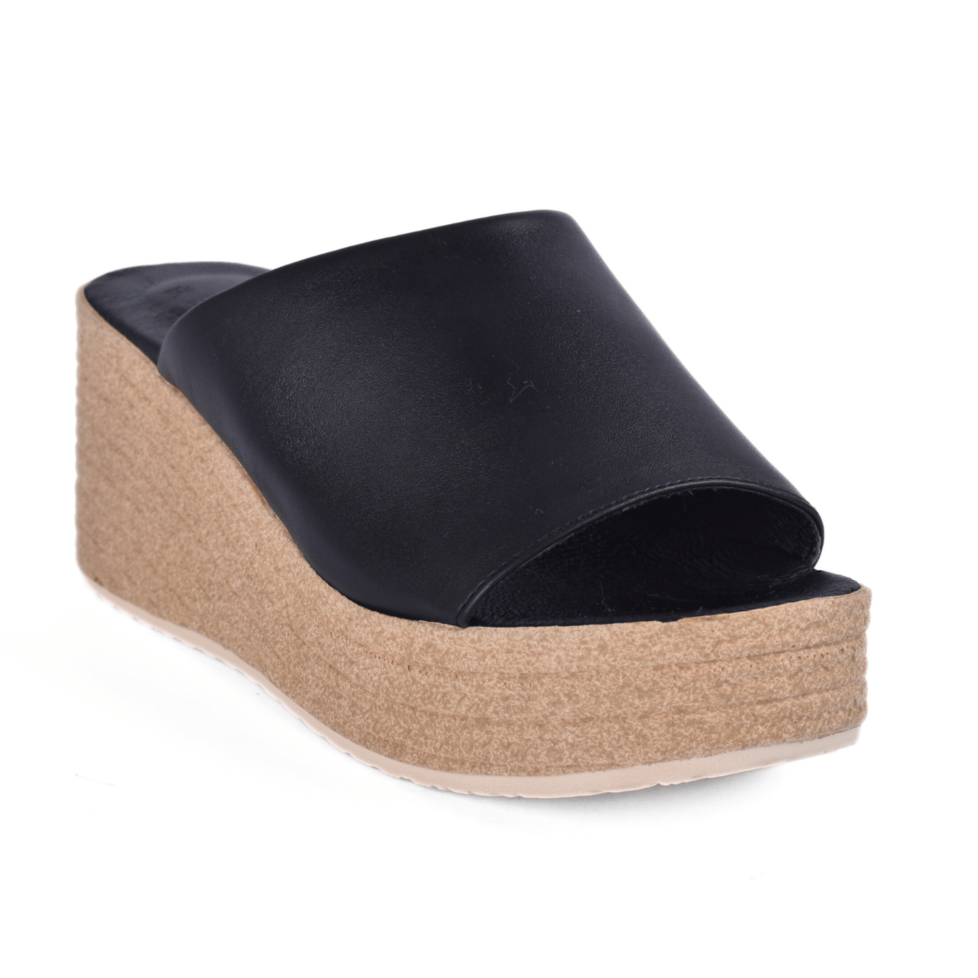 Trendy Black Leather Look Wedge Mules Black Melouk