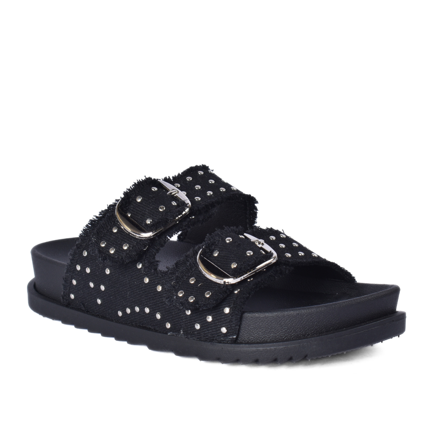 Modern Double Strap Slide Sandal Studded Look Black