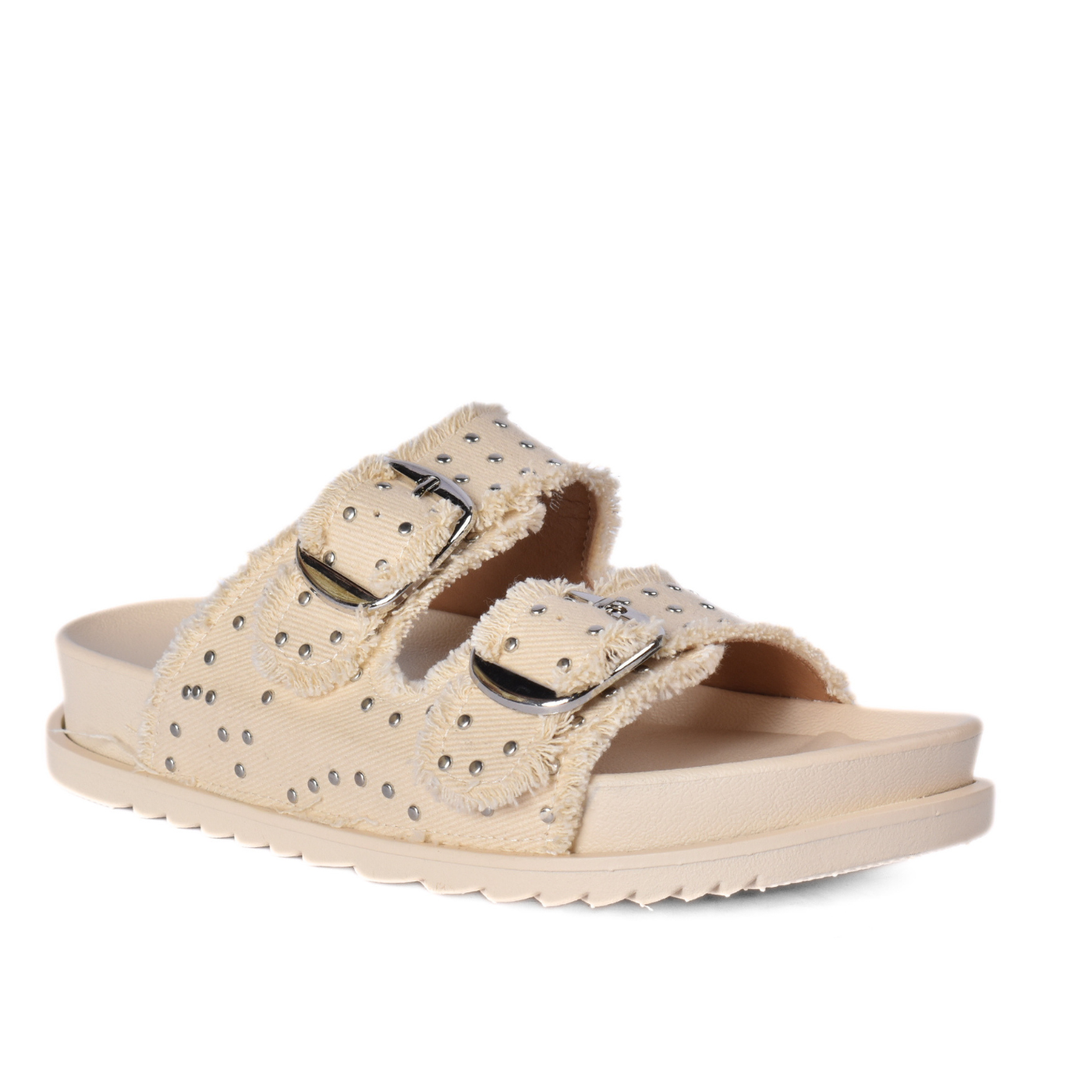 Modern Double Strap Slide Sandal Studded Look Beige
