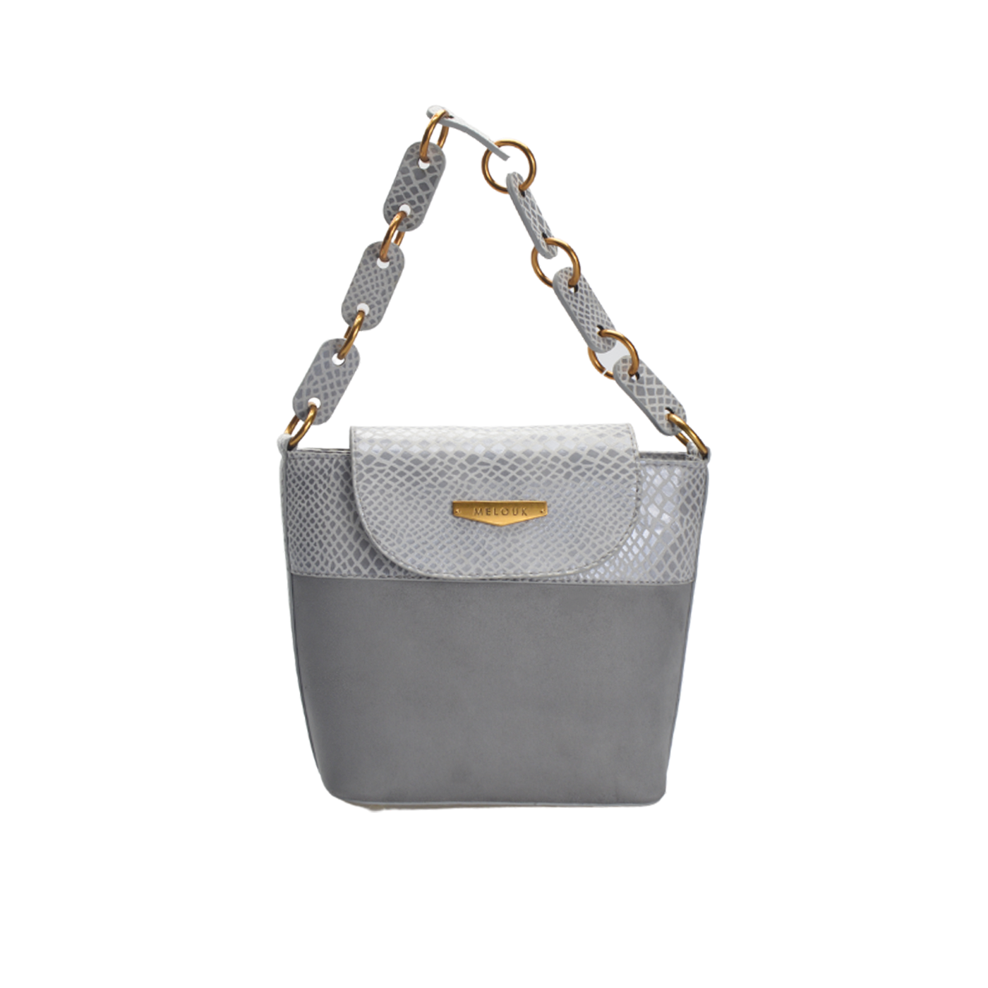 Gray Embossed Leather Shoulder Bag With Buckle