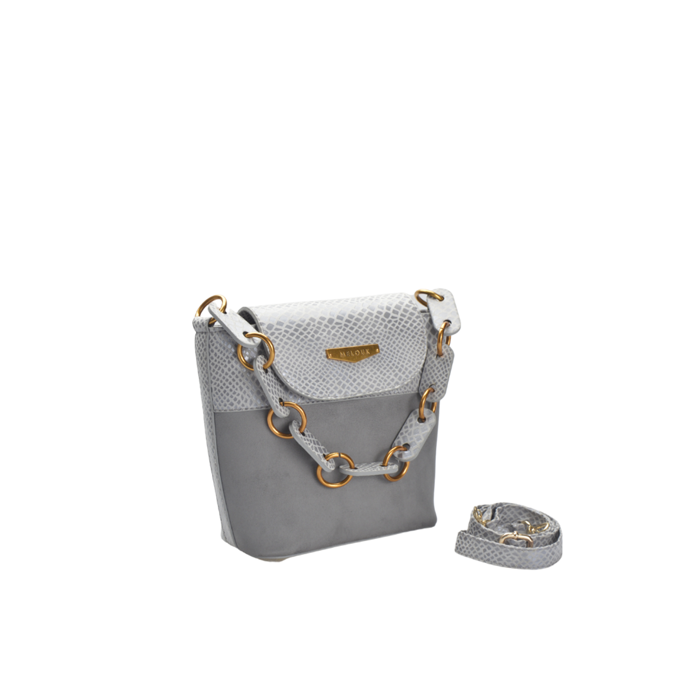 Gray Embossed Leather Shoulder Bag With Buckle