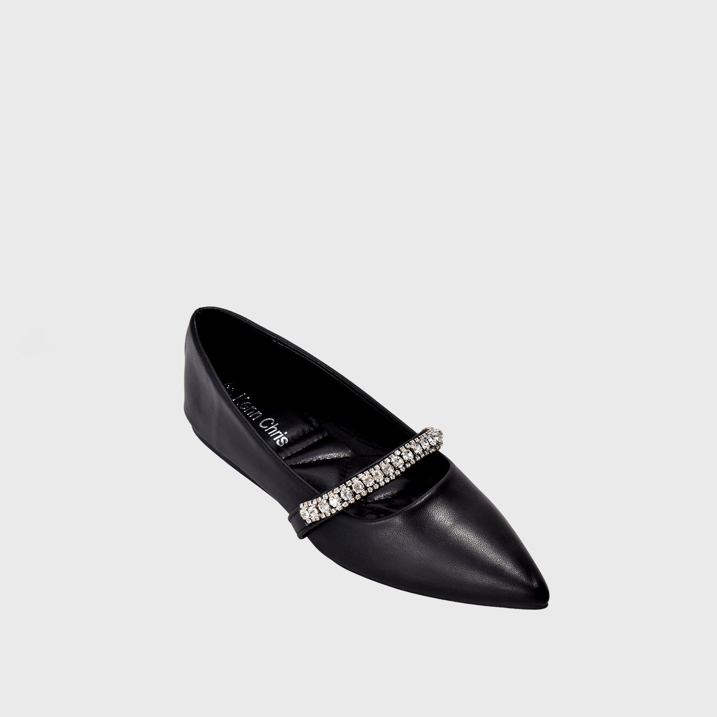 Black Leather Flat  Shoe With Shiny Buckle