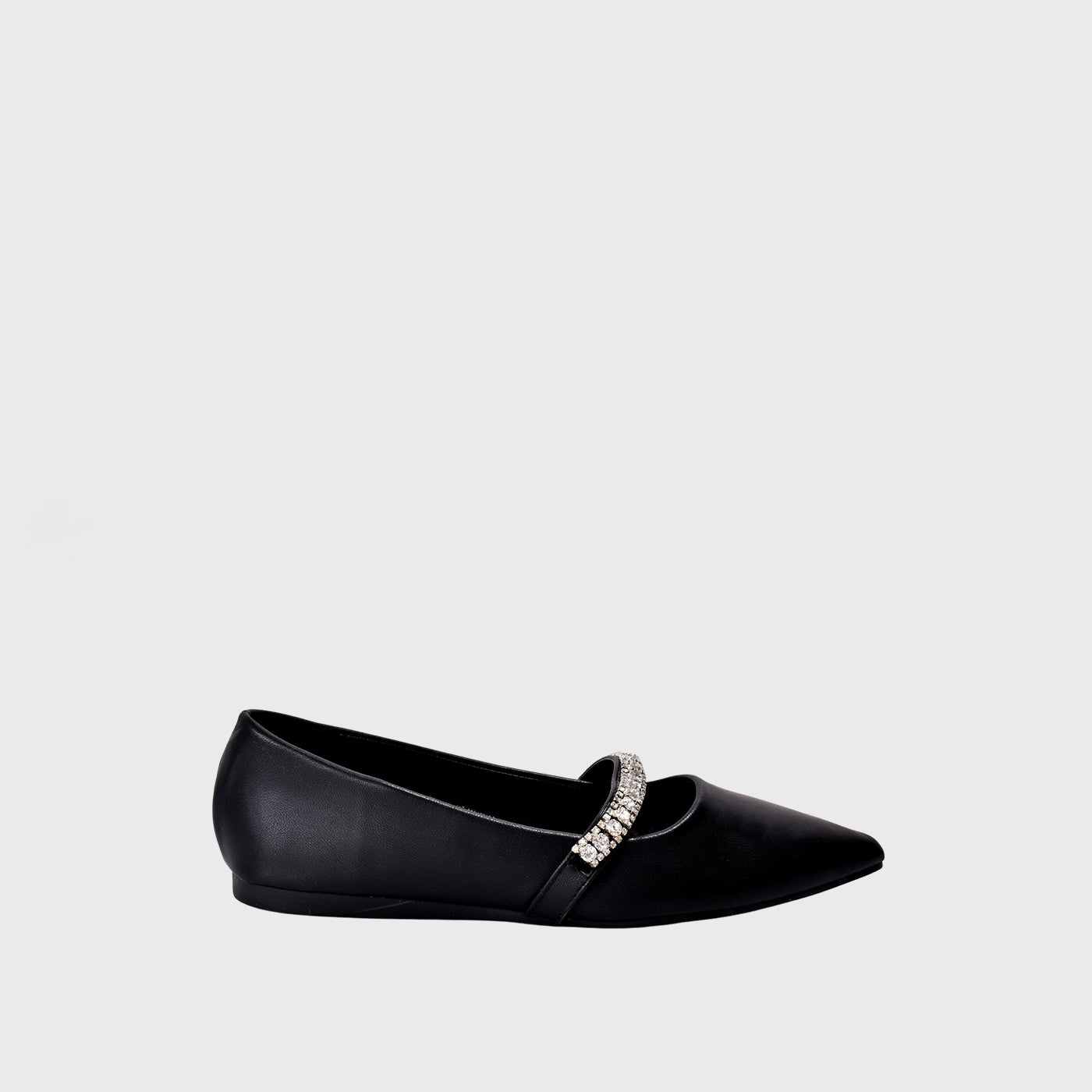 Black Leather Flat  Shoe With Shiny Buckle