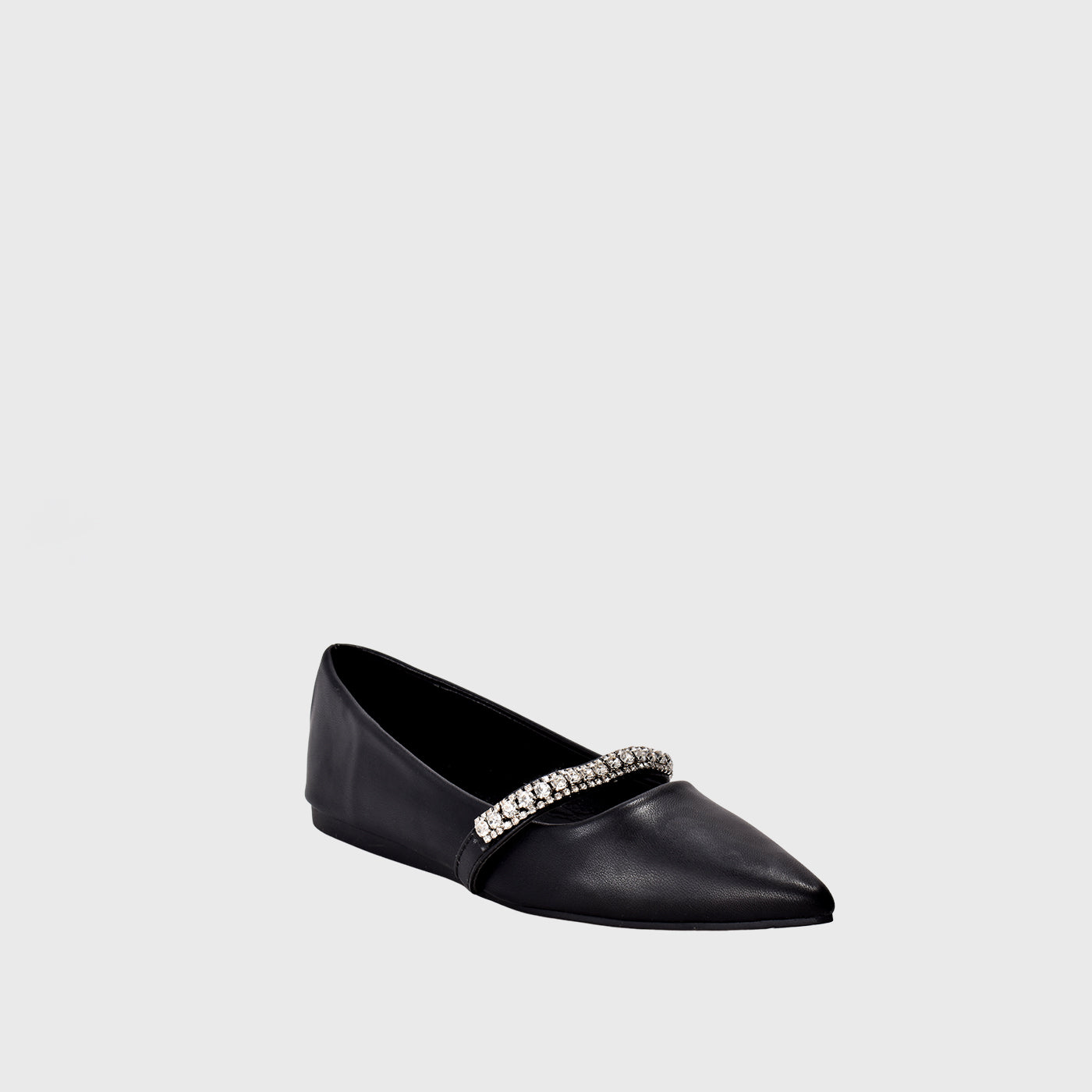 Black Leather Flat  Shoe With Shiny Buckle