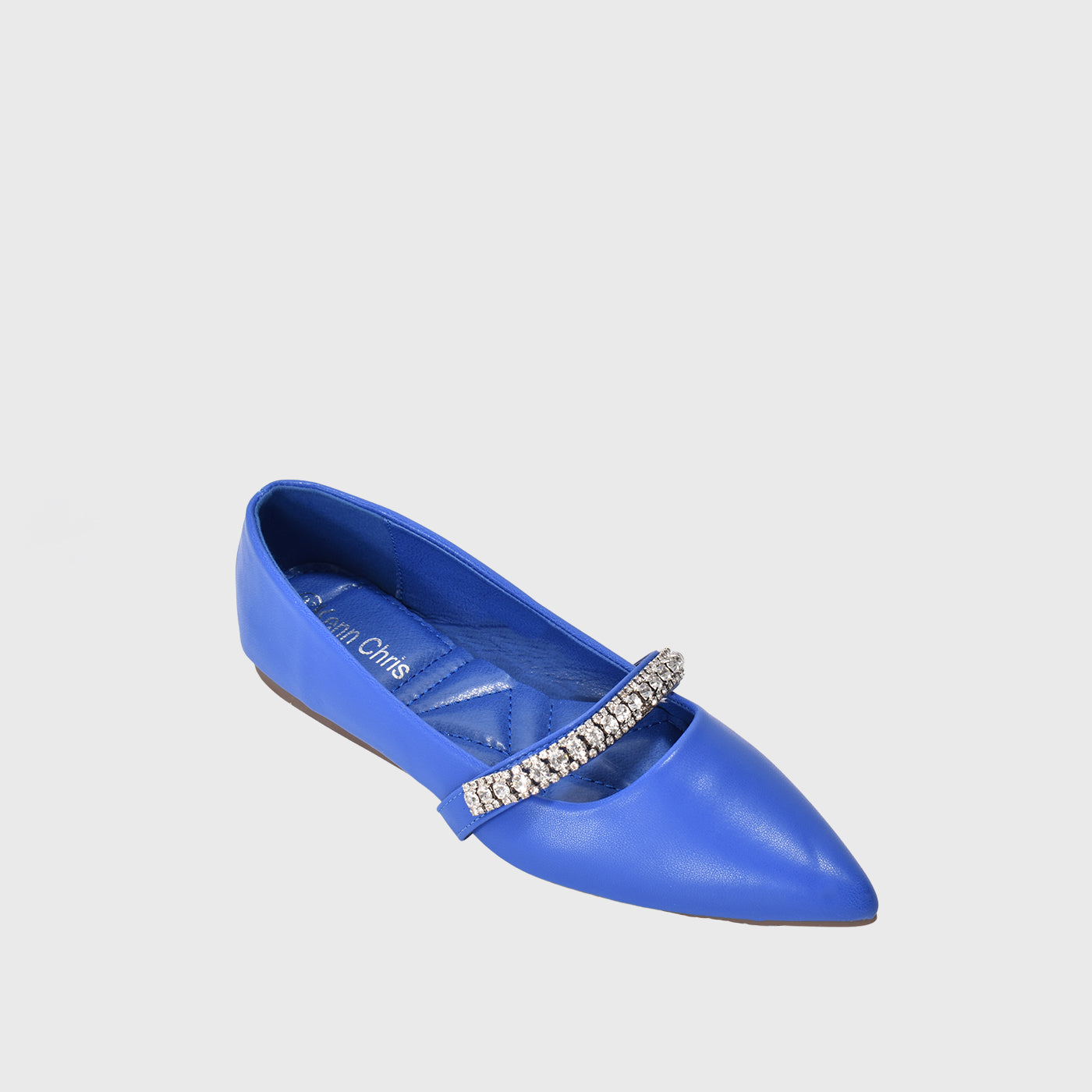 Blue Leather Flat  Shoe With Shiny Buckle